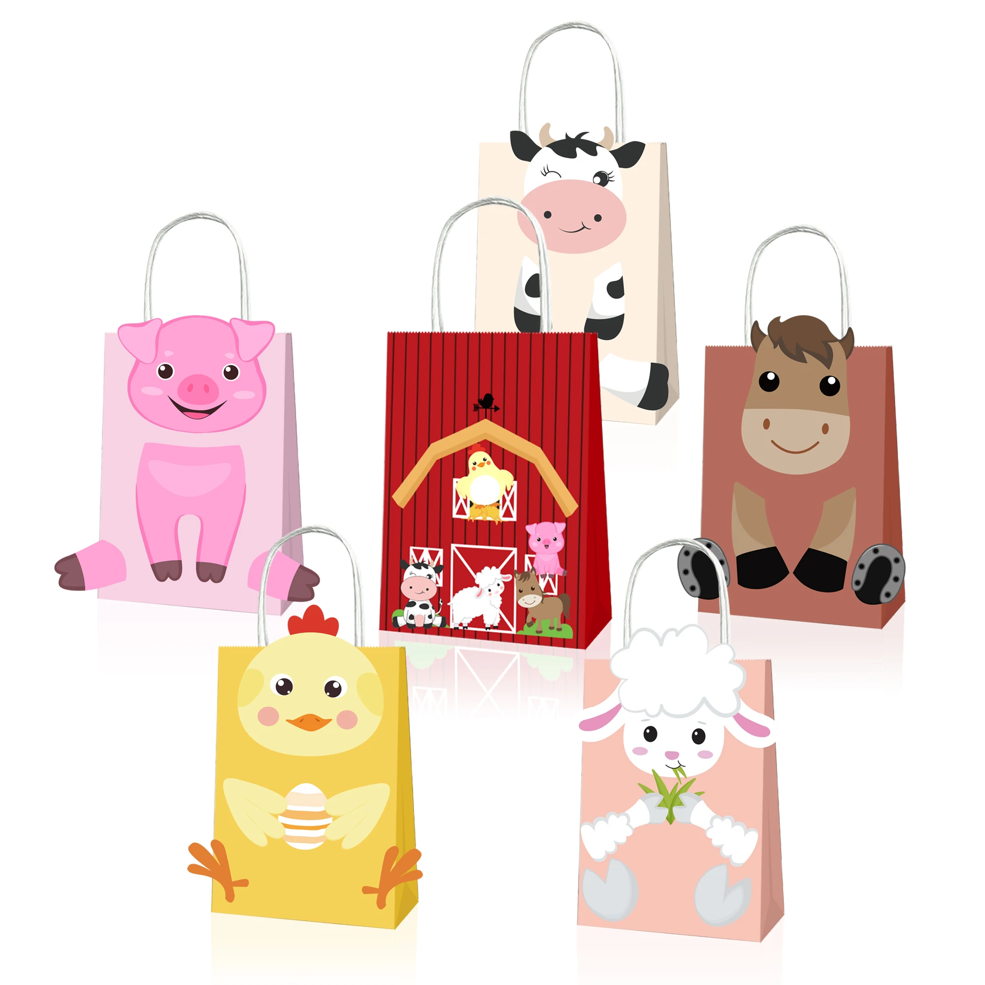 KZ007 12pcs Cartoon Farm Animal House Birthday Baby Shower Party Kraft Paper Tote Packing Gift Bags with DIY Cards Stickers Kit