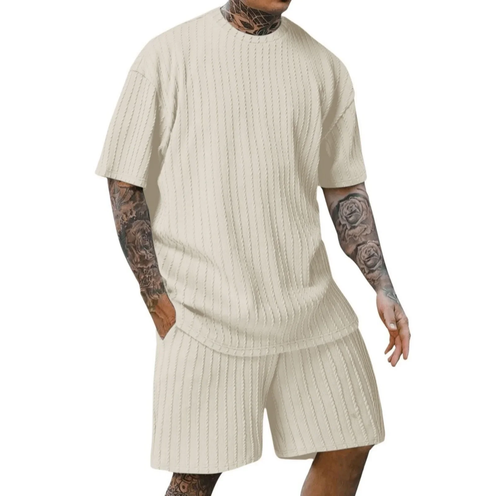 New men's sporty solid-color round-neck pullover vertical striped T-shirt, shorts and short sleeves two-piece casual set 2025
