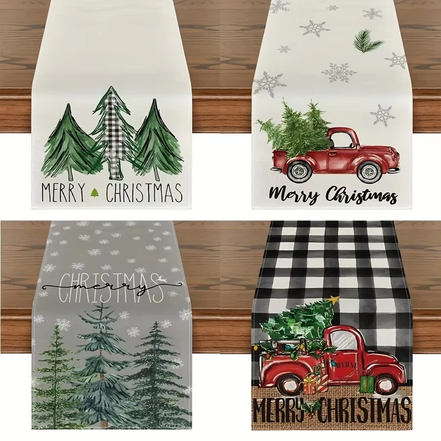 1pc Christmas Day Grid Christmas Tree Table Runner Snowflake Retro Truck Design Catering Christmas Party Holiday Decoration