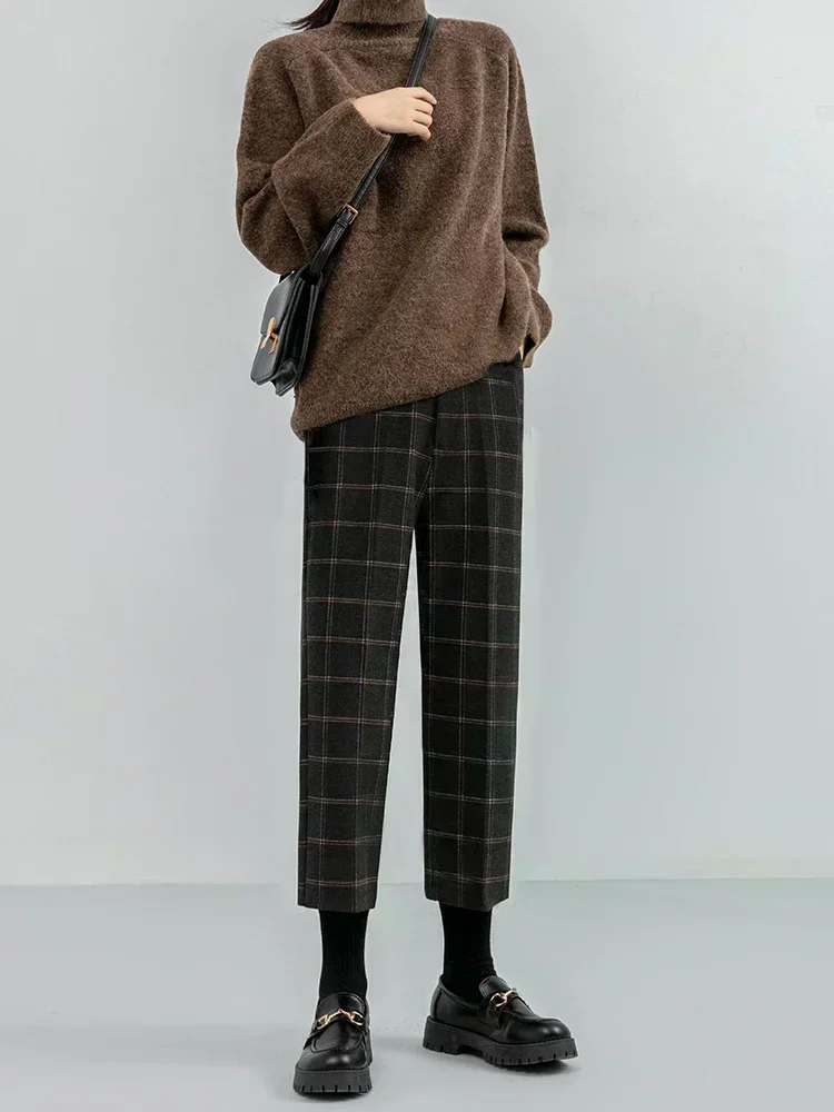 Seoulish 2023 New Autumn Winter Woolen Plaid Women Formal Straight Pants High Waist Ankle-Length Chic Loose Ladies Pants Pocket