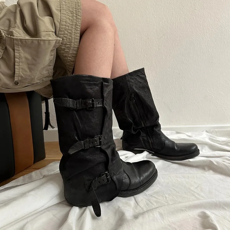 Botas hasta la rodilla Vintage con hebilla de cinturón, punta redonda plana con borde vuelto, zapatos sexis elegantes de moda de Color sólido de cuero genuino