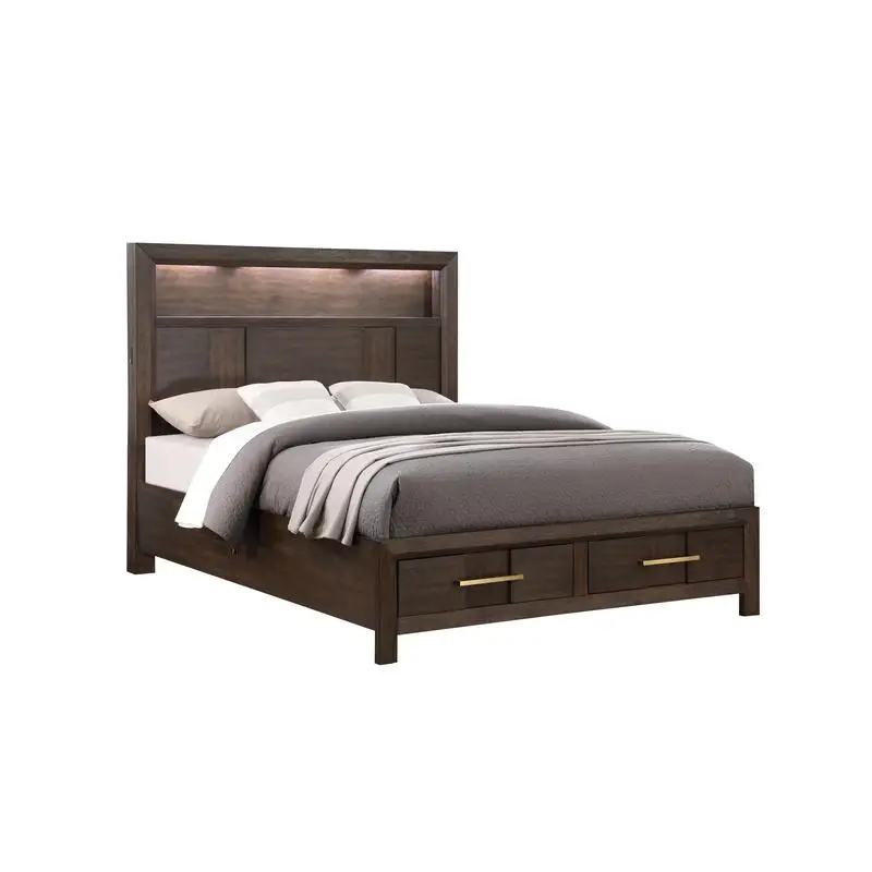 

Modern Full Bed with Wooden LED Headboard & Bookshelf in Walnut Finish