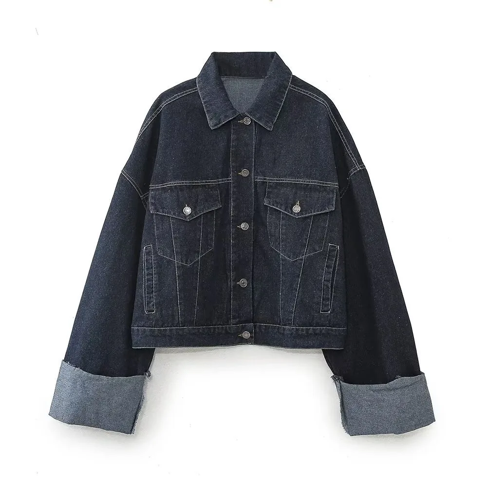 

Vintage Women Patchwork Denim Jacket Pant Sets Long Sleeve Cropped Coat+High Waist Wide Leg Pants Streetwear Suit