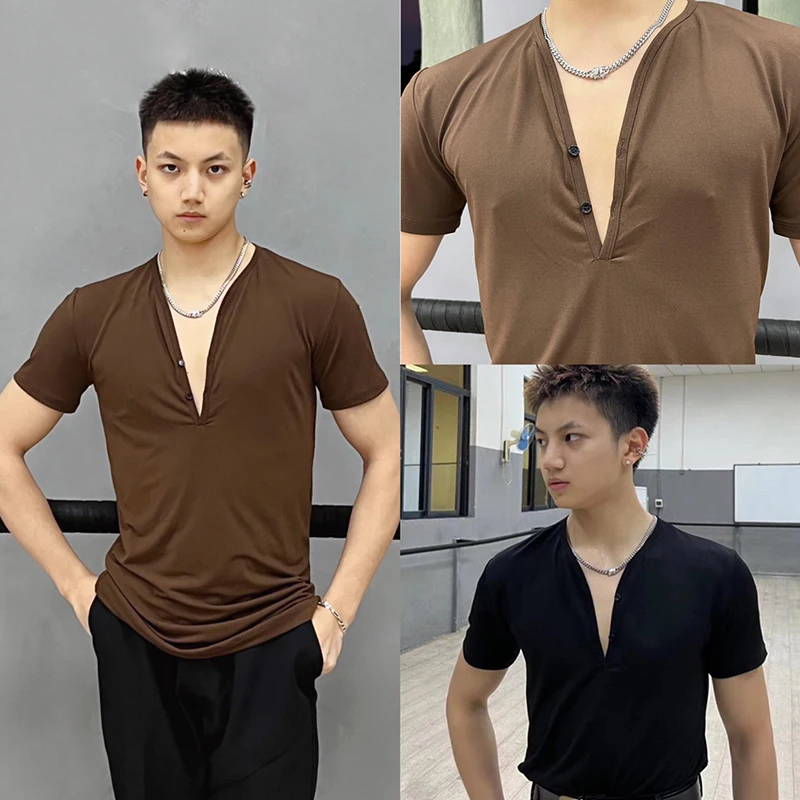 2023 Latin Dance Tops For Men Short Sleeved Practice Clothes Chacha Rumba Tango Wear Male Latin Performance Costumes DQS13234