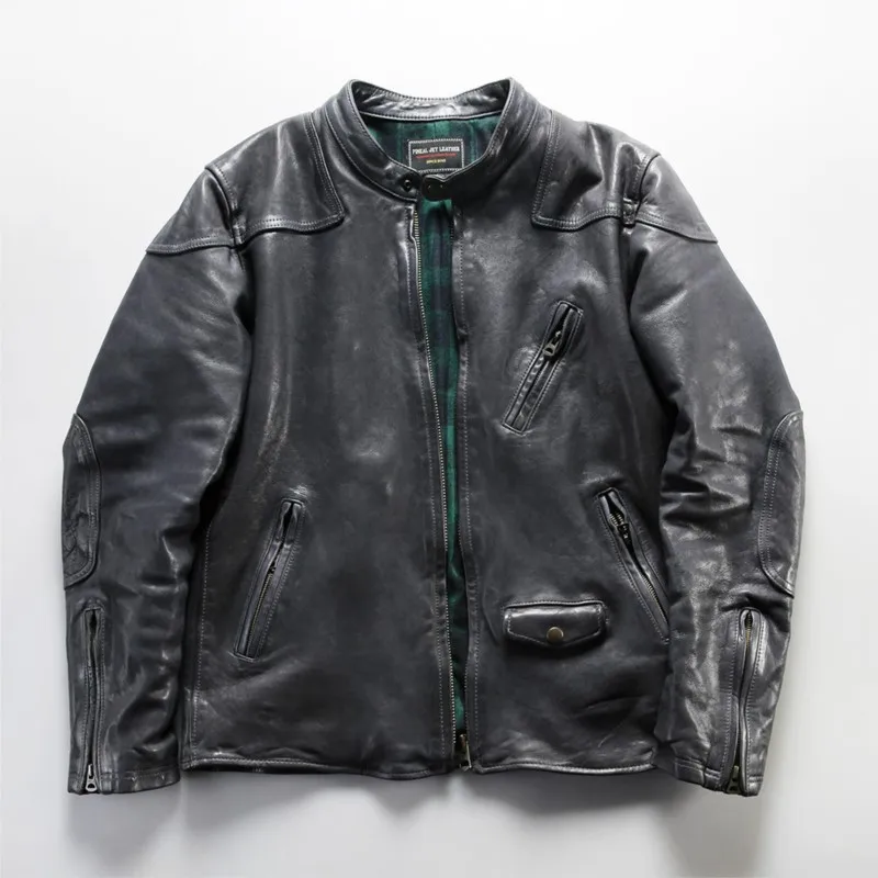 Heavy-washed pleated all-vegetable-tanned leather motorcycle stand-up collar men's