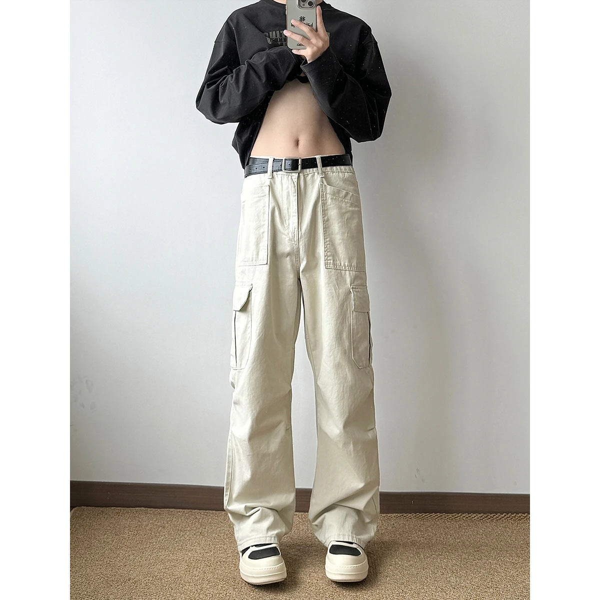 Khaki Paratrooper Workwear Pants Men Summer Trendy American Retro Cleanfit Straight Leg Bell Bot High Street Casual Trousers