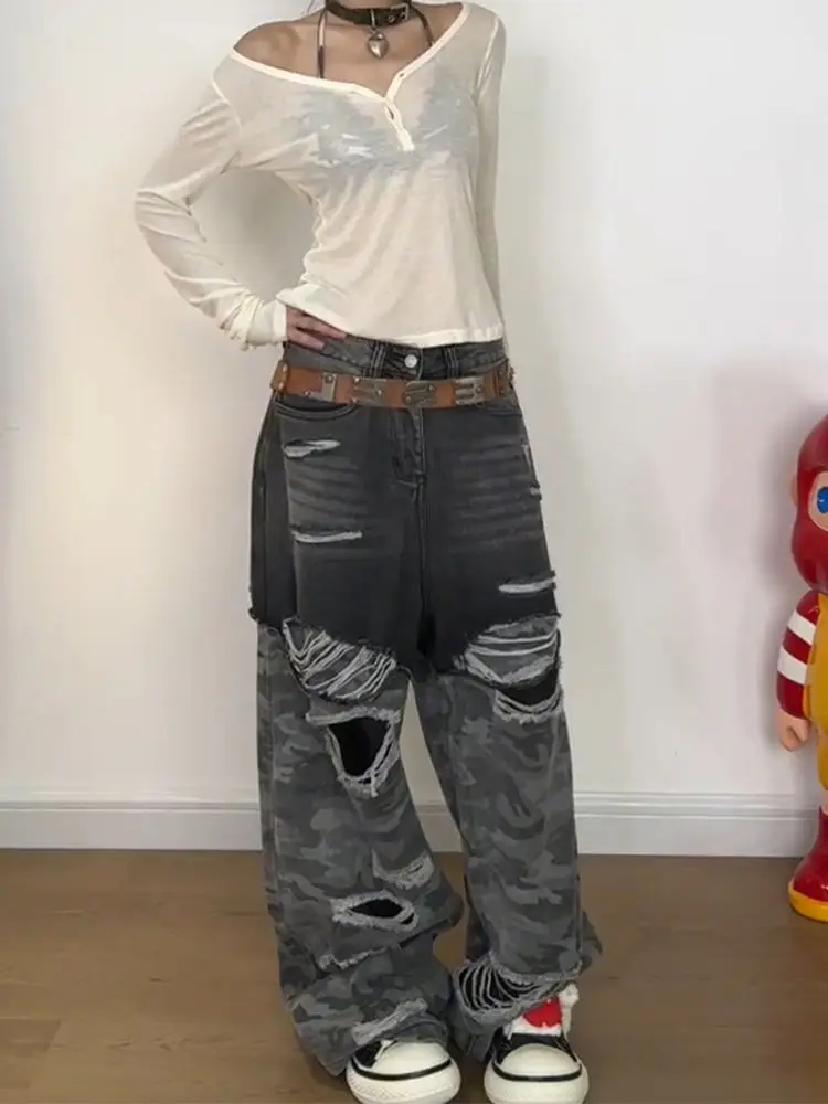Schwarze und graue gespleißte Camouflage-zerrissene Jeans für Damen Y2k American Retro Washing Frühling und Herbst Neue Bodenhosen mit hoher Taille