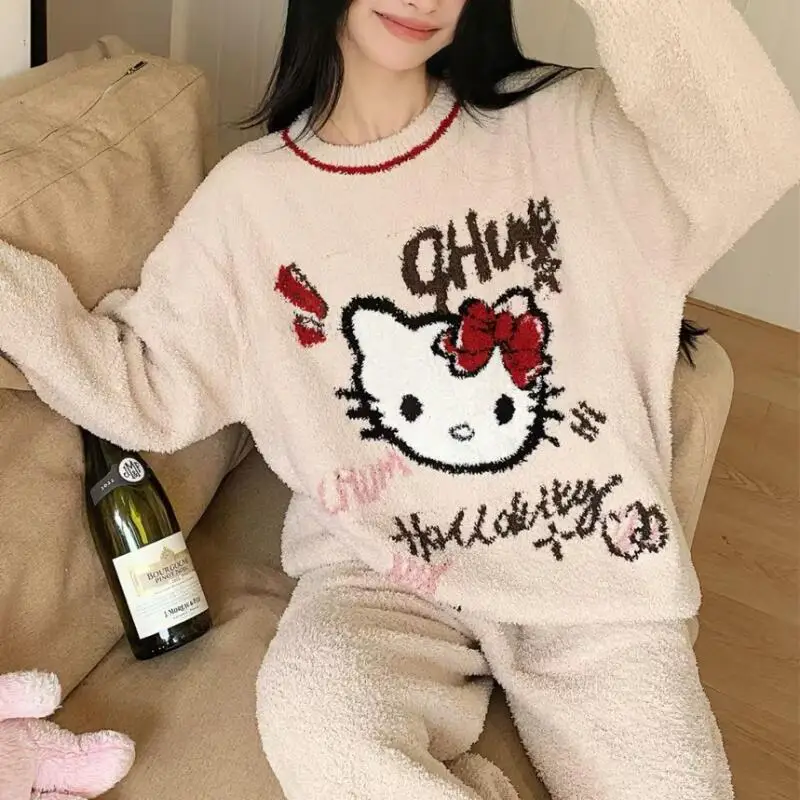 الكرتون صورة طالب Kawaii كيتي القط بيجامة فتاة 2025 الخريف الشتاء جديد أنيمي محبوك المنزل الملبس مجموعة ملابس فضفاضة غير رسمية