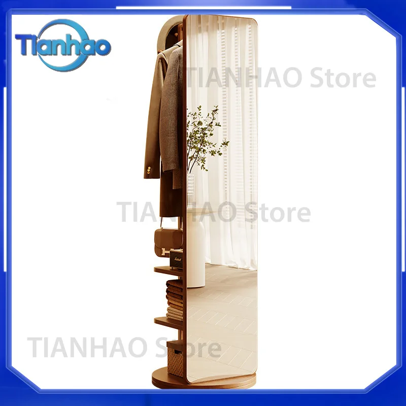 Solid wood full-body household bedroom rotatable mobile fitting integrated full-length mirror with hanger