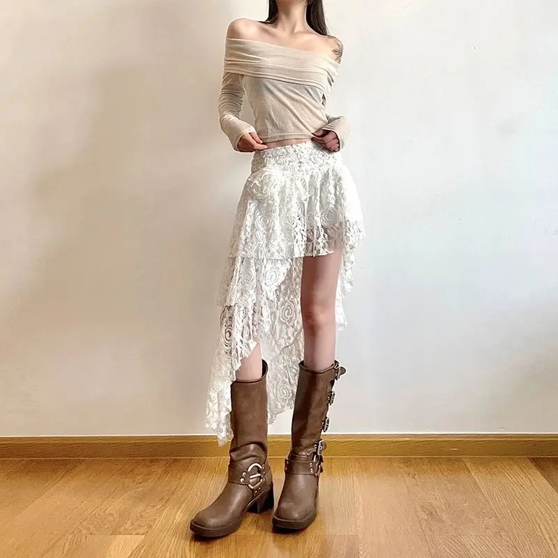 Vintage Boho Lace Skirt Women White Asymmetrical Skirts Elegant Fairycore Korean Fashion Tull Irregular Short Mid Skirt