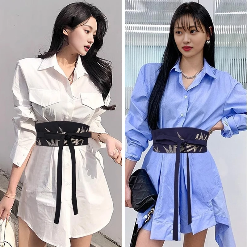 Women Satin Embroidered Corset Waistband Japanese Kimono Yukata Waist Belt Self Tie Wrap Sash Straps Antique Hanfu Dress Belt