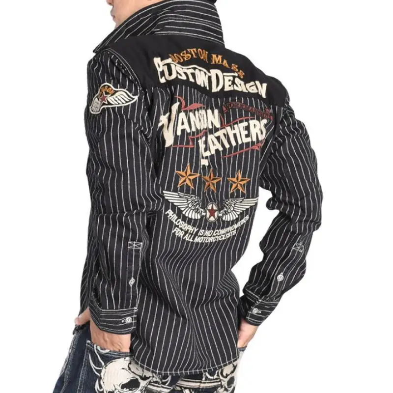 Retro Vason Motorcycle Knight Heavy Embroidery Patchwork Classic Stripes Denim Leopard Print Workwear Long Sleeve Shirt