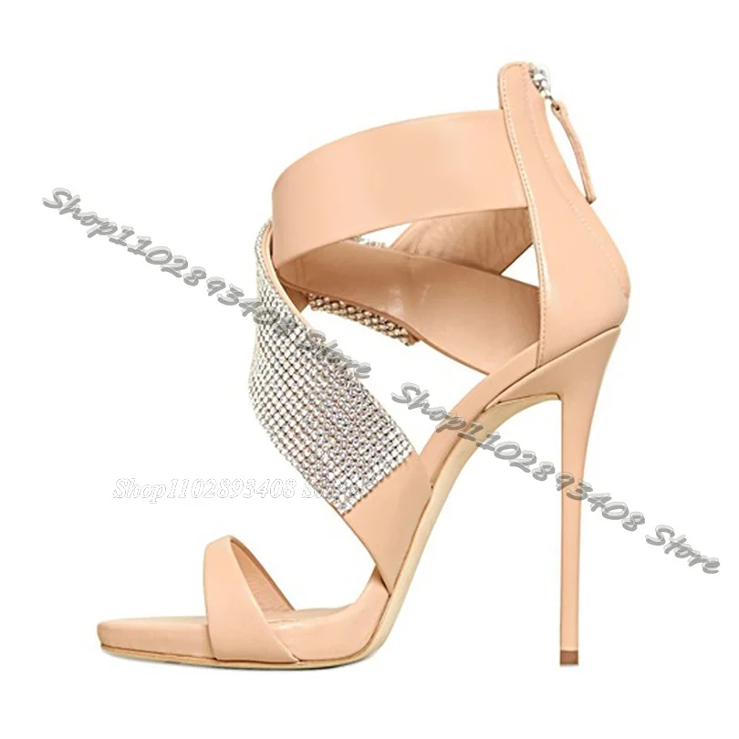 

Champagne Rhinestone Decor Sandals Back Zipper Open Toe Thin High Heels Shoes Summer Dress Party Sandals Zapatos Para Mujere