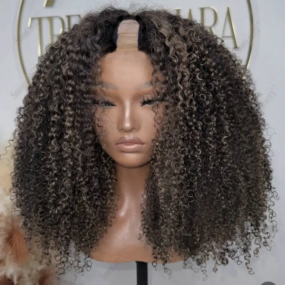 Hightlight Kinky Curly Remy Echthaar 1x4 Größe U-Part Perücken für schwarze Frauen, täglicher Gebrauch, klebefreie V-Part Perücken mit Clips, einfache Anwendung – Detail 3