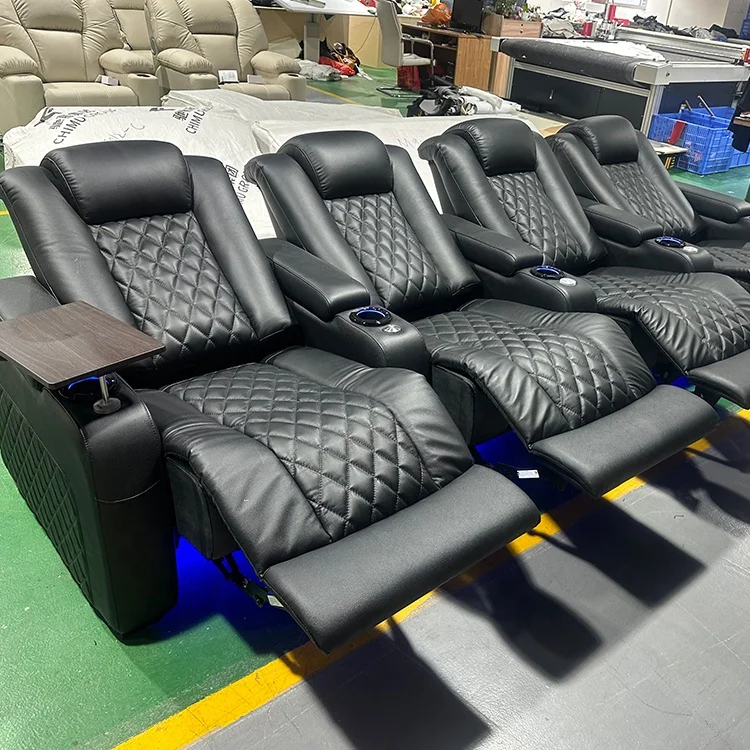 Hot sale black leather power recliner chair electric headrest recliner sofa with LED lights private theater seating with storage