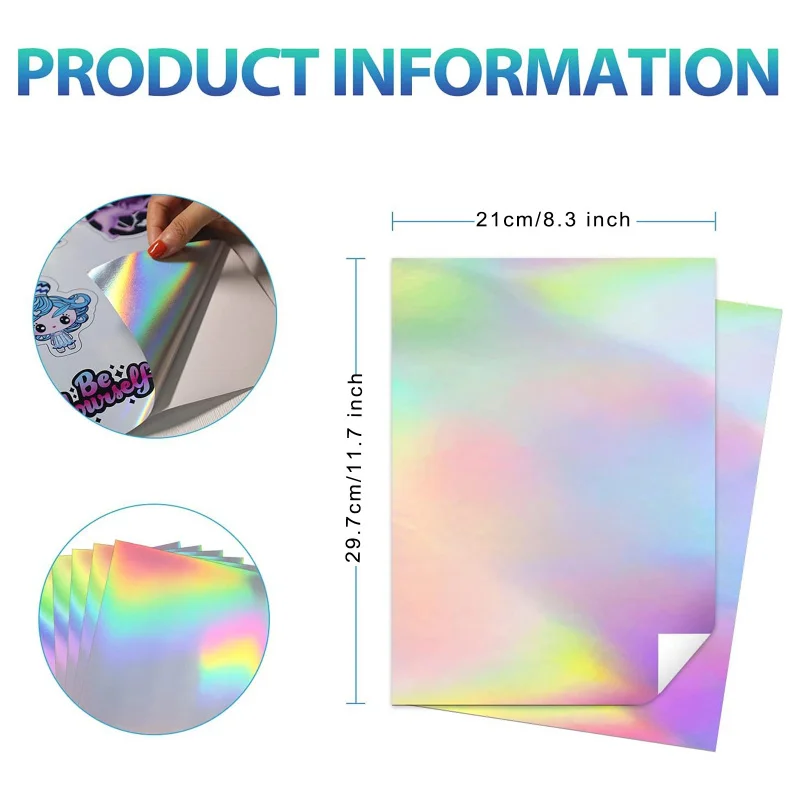 Holographic printable sticker paper for ink jet & laser printer, A4 20 sheets vinyl sticker printable paper, waterproof Rainbow