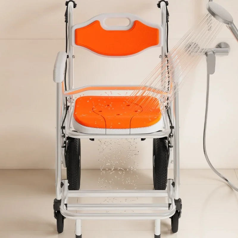 Solid Old Man Toilet Chair Wheeled Disabled Toilet Mobile Toilet Portable Household Care Bath Folding Small Wheelchair