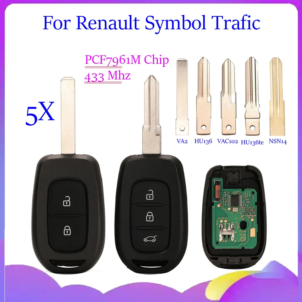 jingyuqin 5pcs New Replacement Remote Car Key For Renault Symbol Trafic Dacia Duster Logan Sandero PCF7961M Chip 433Mhz