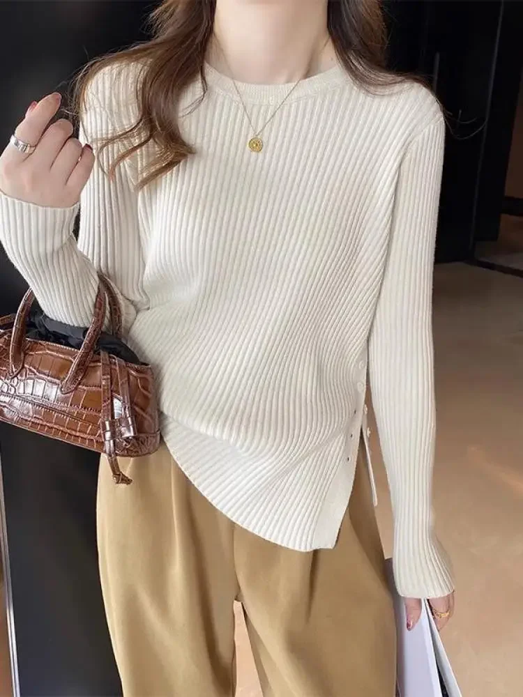 Korea Women Sweater Pullovers Khaki Casual Autumn Winter Split Fork Button Chic Sweater Female Slim Knit Top Soft Jumper Tops