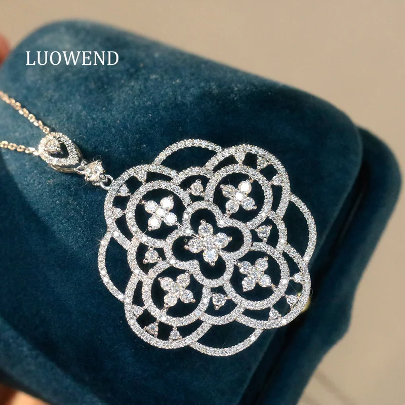 

LUOWEND 100% 18K White Gold Necklace Luxury Palace Style 1.80carat Real Natural Diamond Pendant Necklace for Women Fine Jewelry
