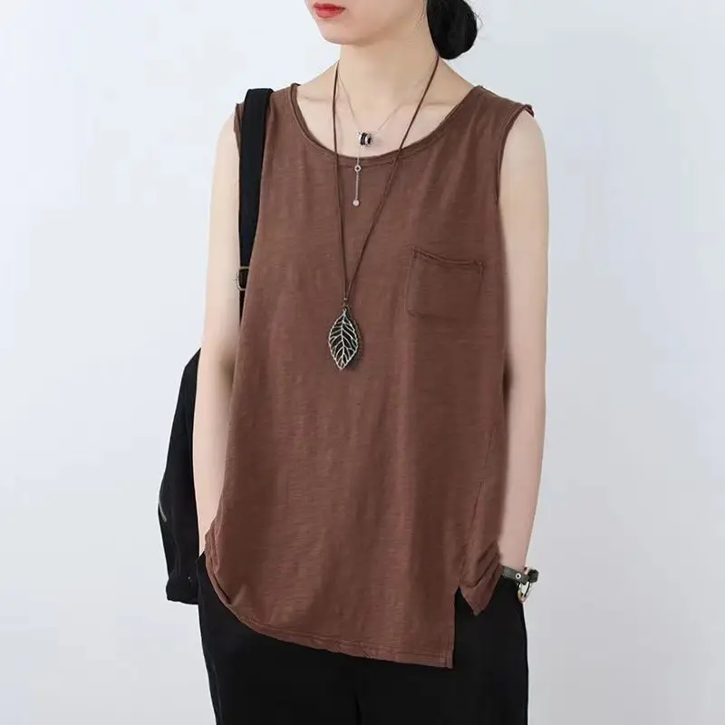 Fashion O-Neck Spliced Pockets All-match Sleeveless Blouse Female Clothing 2023 Summer New Casual Pullovers Loose Korean Shirt