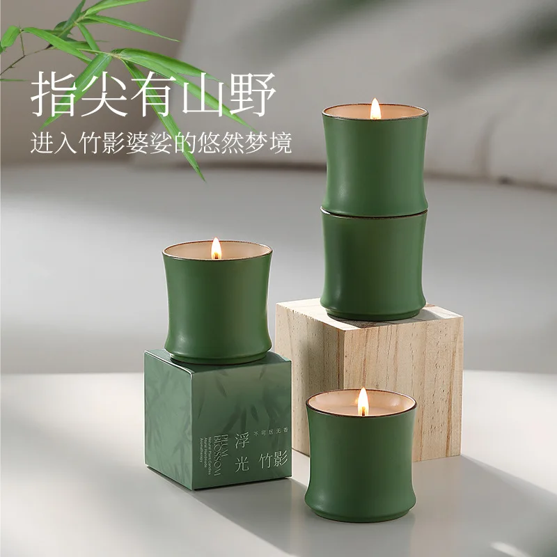 

Green bamboo shape ceramic cup scented candle jar Candle Household fragrance cup wax Smokeless soy wax Holiday birthday gift