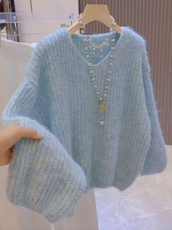 Корейский мягкий пуловер с v-образным вырезом в стиле ретро, женский осенне-зимний вязаный топ свободного покроя, длинный све, теплый термобелье