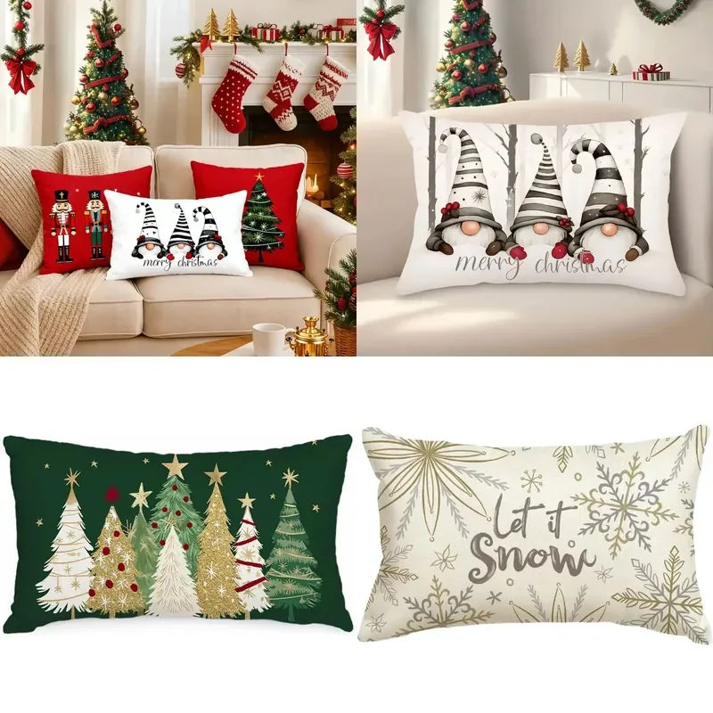 Cross-border Christmas tree pillow cover linen printed waist pillow home bedroom decoration cushion cover