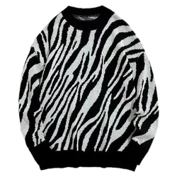 Zebra sweter mężczyźni jesień nowy Hip Hop Harajuku Streetwear Vintage swetry luźna moda sweter dzianiny pary duże rozmiary dzianiny