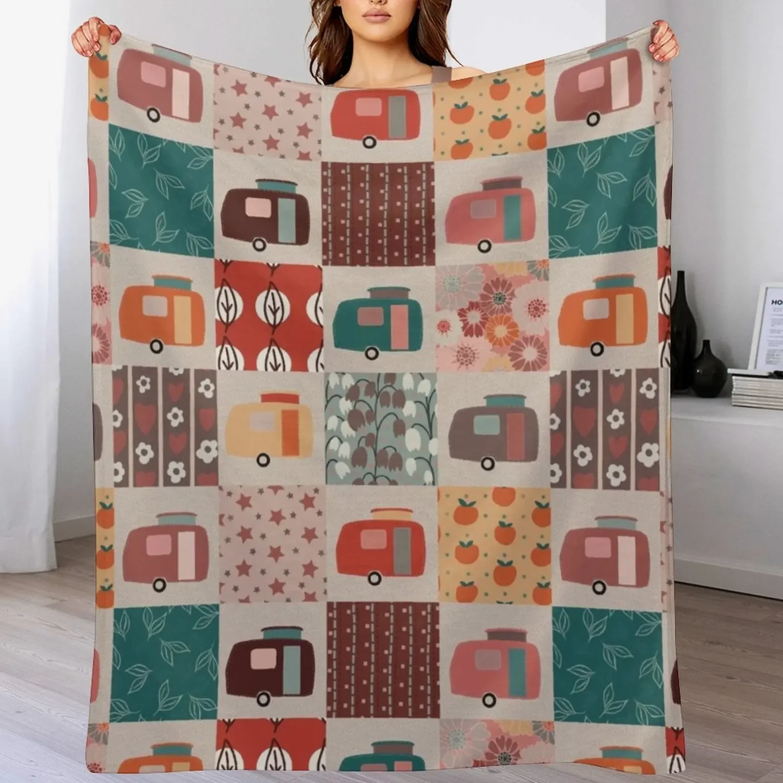 

Colourful Patchwork of Vintage Caravans Throw Blanket Luxury Throw bed plaid Blankets