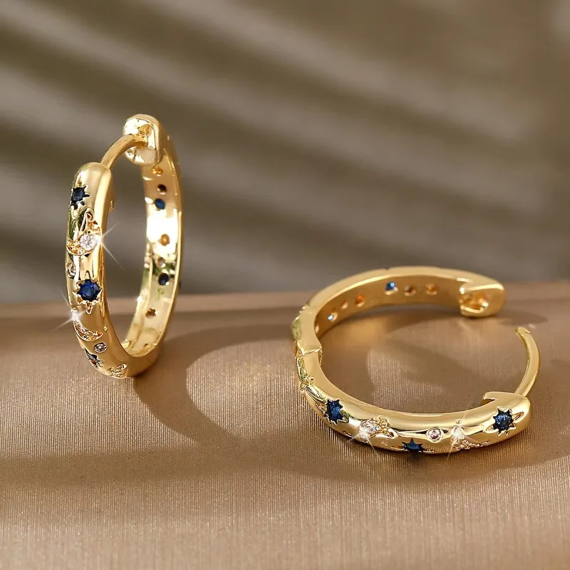 Huajie Shining Sun Blue Zircon Shape Hoop Earrings for Women Gold Tone Crystal Dance Party Wedding Dainty Ear Jewelry