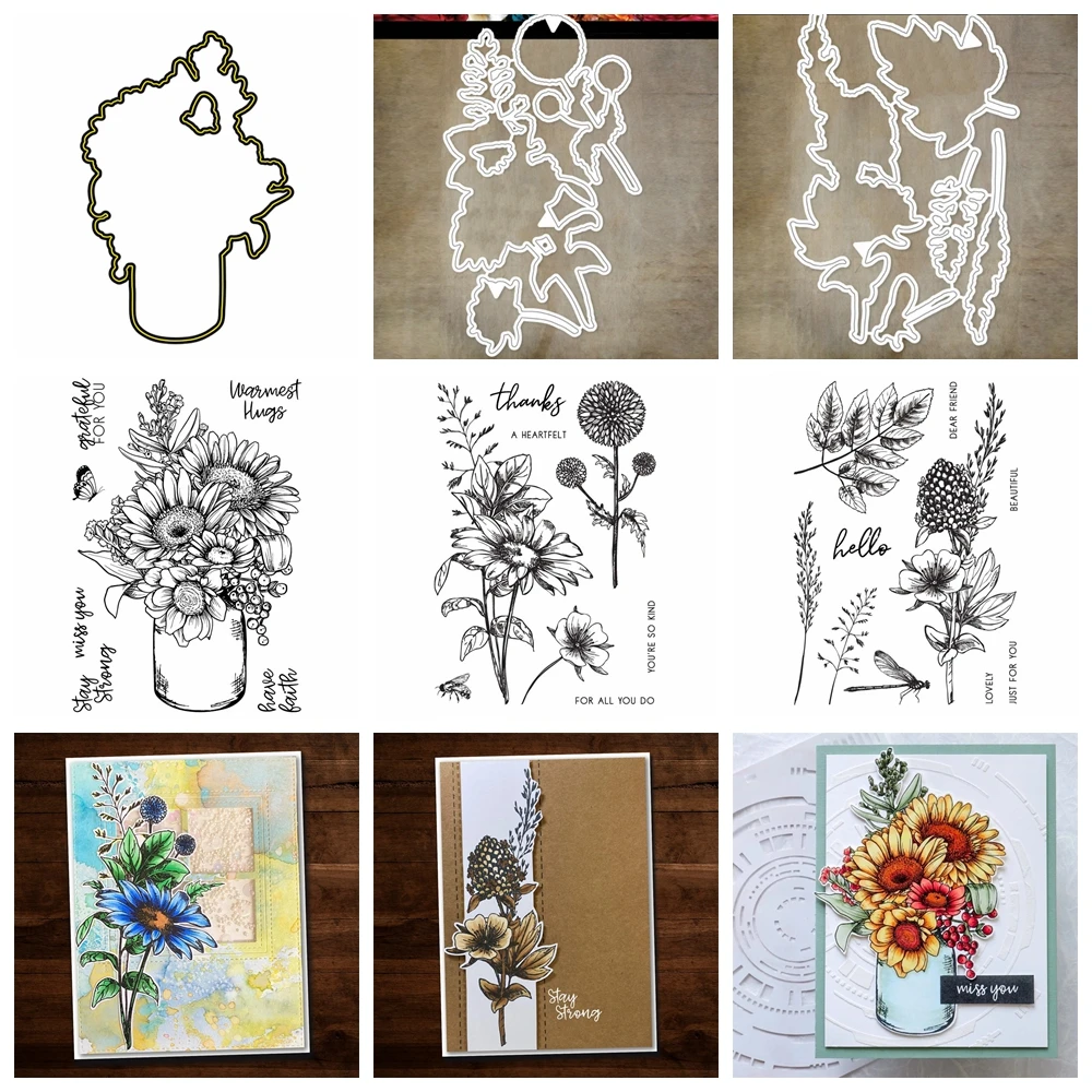 Elegante Sonnenblumenvase für alle Sie tun, klare Stempel, Metall-Stanzformen, Umriss für DIY-Muttertag-Papierkartenherstellungsprojekte