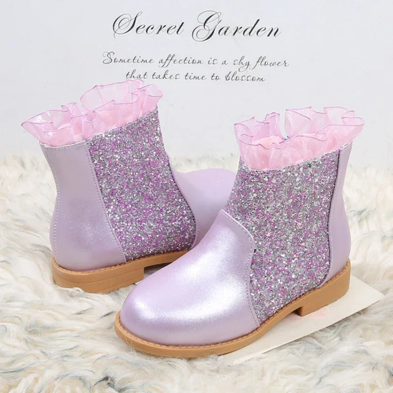 

Kids Snow Boots 2024 Winter New Sequins Girl's Ankle Boot Luxury Outdoor Children Princess Causal Cotton Boots Fashion Glitter