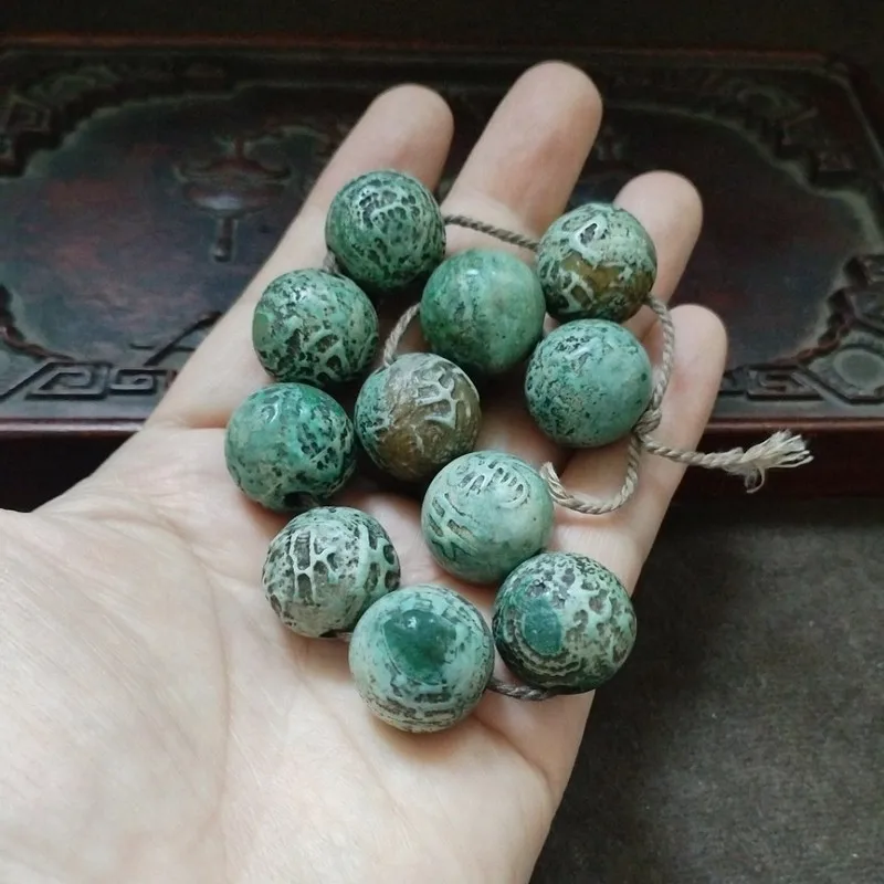 Antique collection old patina, round ancient carving technique green agate bead string eleven beads