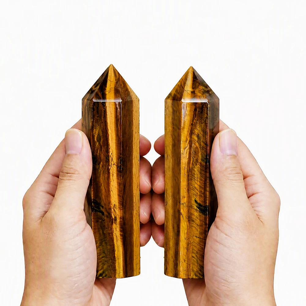 Natural Tiger Eye Stone Crystal Wand Hexagonal prism Obelisk Column 10cm 2Pcs Hand-Polished Crystal Prism Feng Shui Energy Balancing Home Office