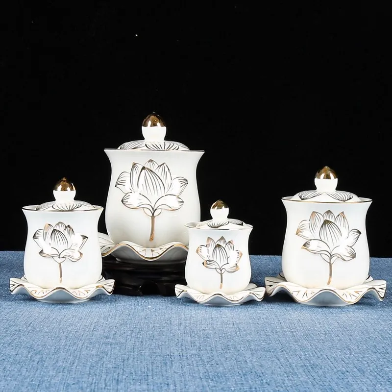 White Relief Gold Lotus Ceramic Incense Burner Set - Buddhist Altar Offering Bowl, Fruit Plate, Water Cup, Vase & Purification C
