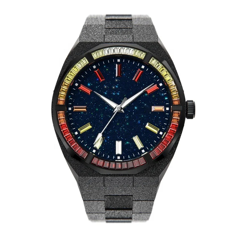 Роскошные японские кварцевые часы из нержавеющей стали с матовой звездой и пылью, мужские наручные часы в стиле хип-хоп Iced Out с радужными бриллиантами