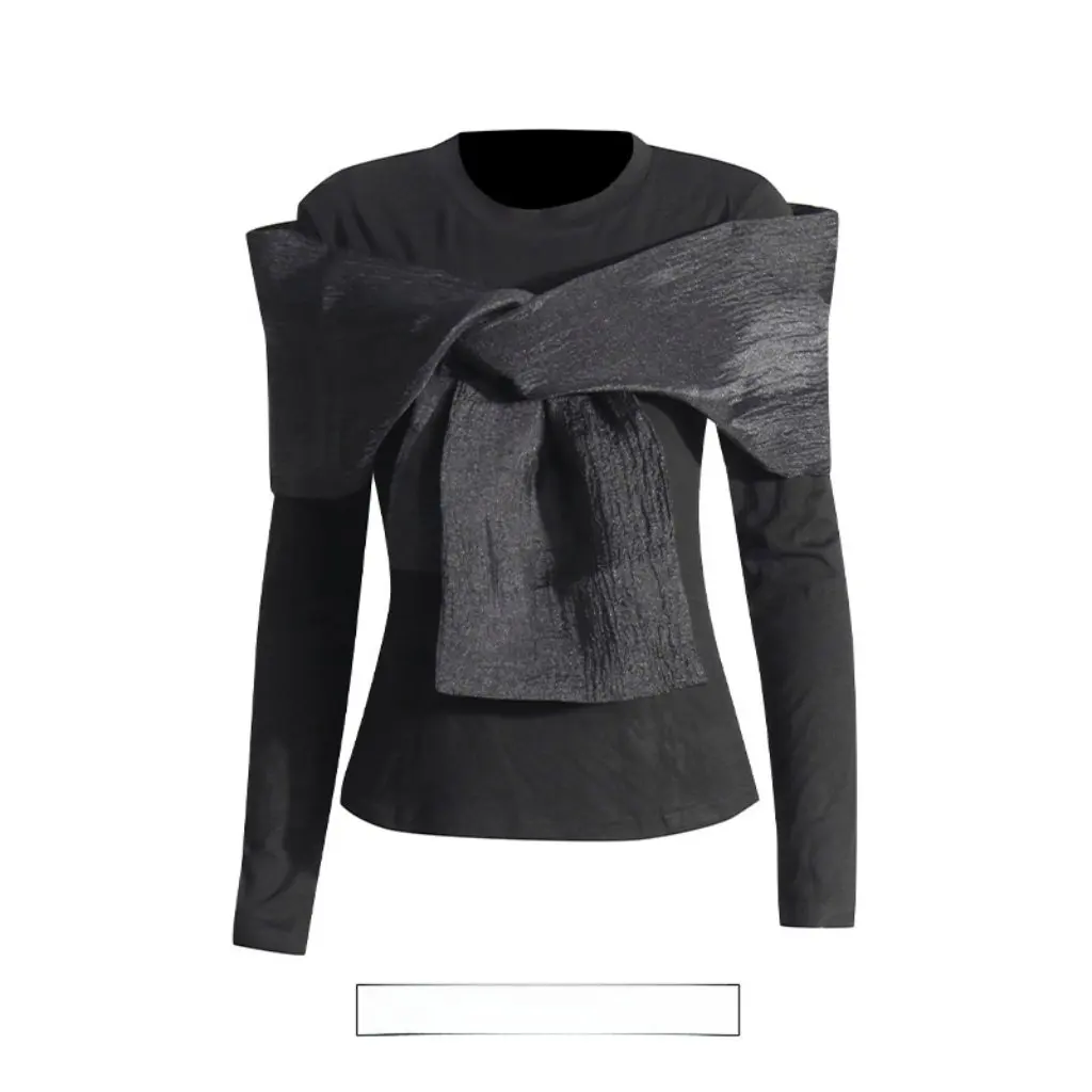 

Women's round Neck Long Sleeve T-Shirt Pure Color Cross Bow Design Fashion Autum New Niche Style Personalized Top