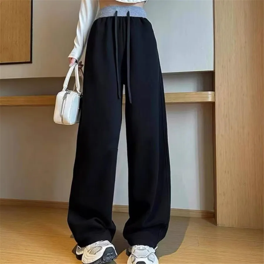 Wide Leg Pants Black Pleated Womens Spring Elastic Fit Youth College Mood City Commute Drawstrings Waistband Breathable Trousers
