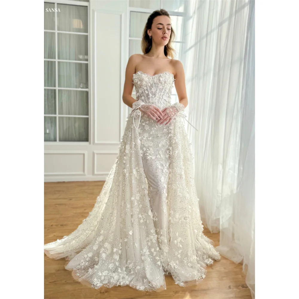 Sansa Strapless Detachable Sleeves Prom Dress White Mermaid  Lace-Up Glove Customized Party Dress Court Train Evening Dresses