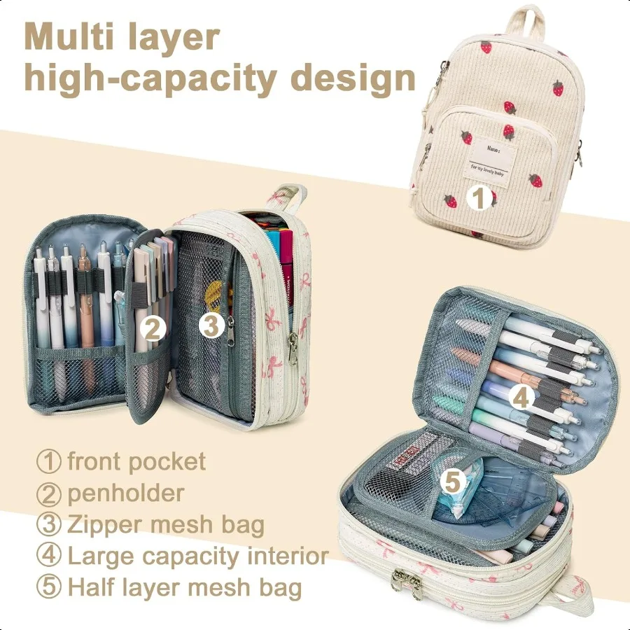 กล่องดินสอน่า LEDAOU น่ารัก มีซิป จุดินสอได้เยอะ  กระเป๋าใส่ดินสอน่าสำหรับนักเรียนหญิงและชาย ลายโบว์สีชมพู