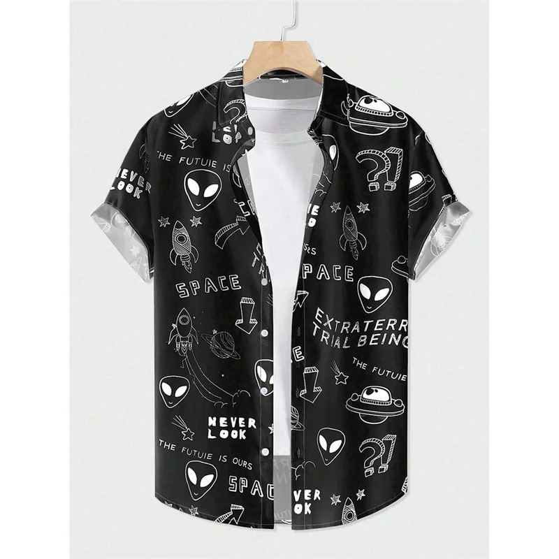 Rocket UFO Pattern Aloha Shirt For Men Women Artistic Abstraction 3D Printed Blouse Kid Short Sleeve Lapel Loose Hawaiian Shirts