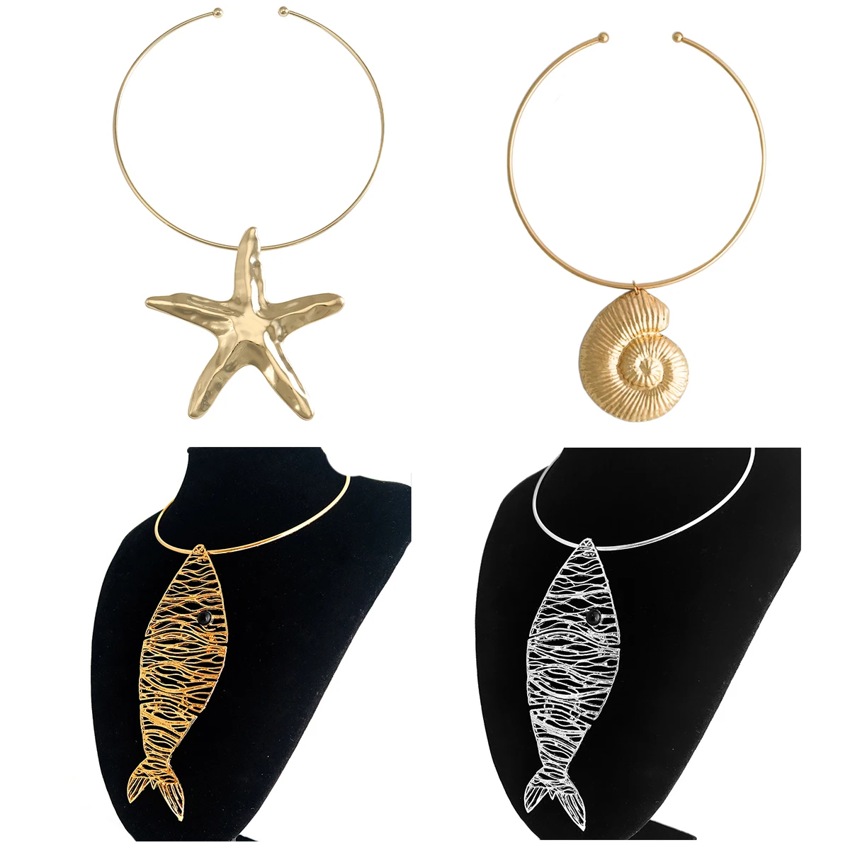 Girlgo Metal Alloy Starfish Conch Sea Wind Simple Design Suitable for Seaside Vacation Photo Necklace for Women