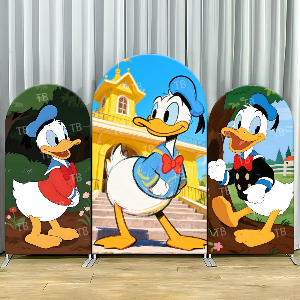 

Donald Duck Arch Backdrop Cover Cottage Scene For Kids Birthday Party Classic Cartoon Theme Photo Booth Decor Prop