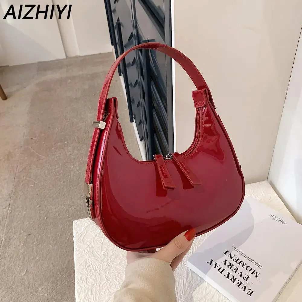 Retro Red Bag for Women Girls Half Moon Bag Small Hobo Shoulder Bags PU Leather Mini Tote Handbag Luxury Ladies Clutch Purses