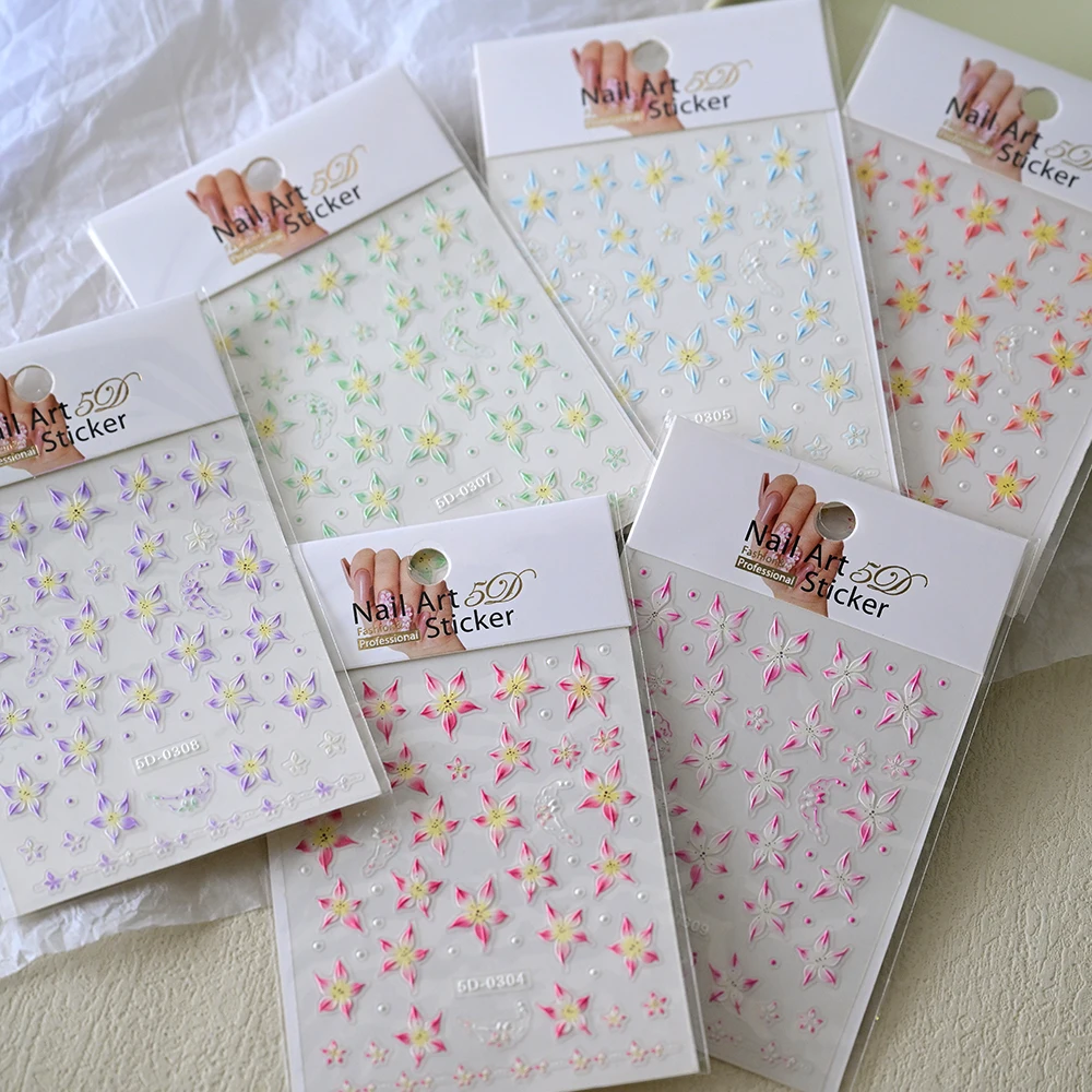 6Pcs 5D Embossed Lily Flowers Acrylic Nail Stickers Pink/Purple/Blue/Green Petals Nail Charms Art Decoration Self Adhesive Decal
