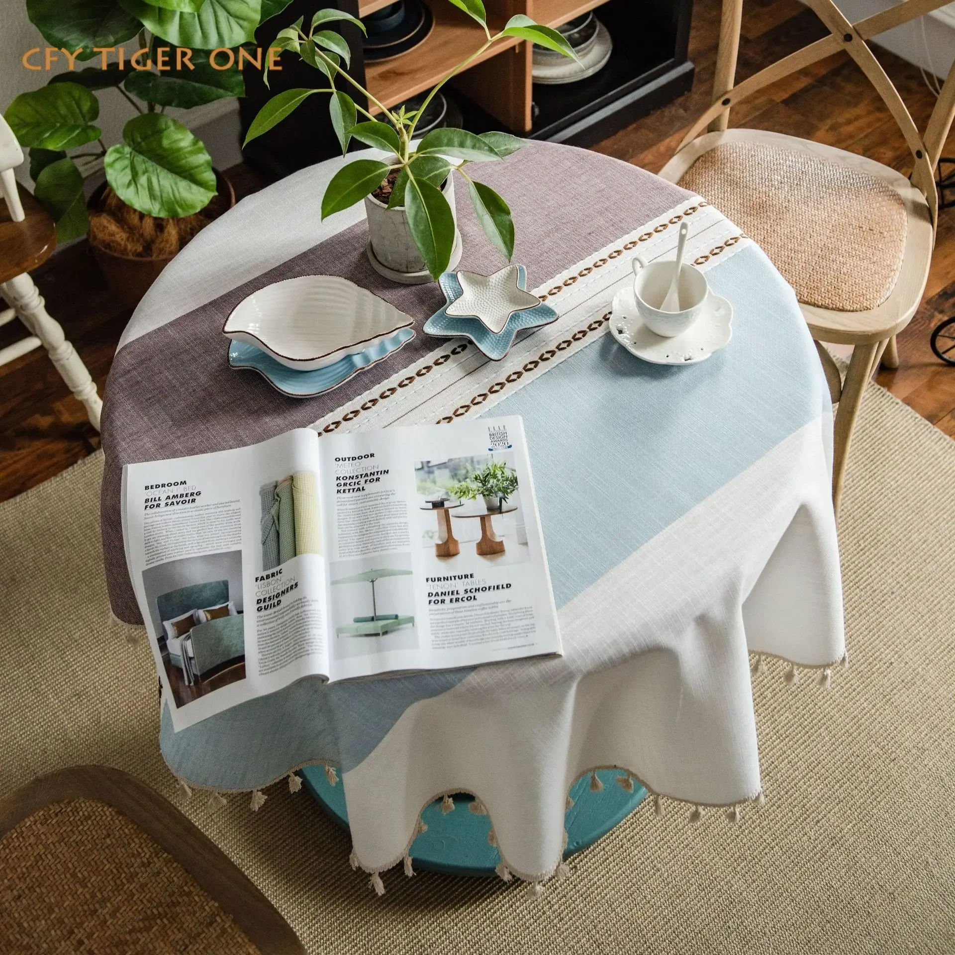 

Cotton Linen Japanese Jacquard Stripe Round Tablecloth Tassel Tablecloth Able Tea Round Table Map Table Cover Dining Room