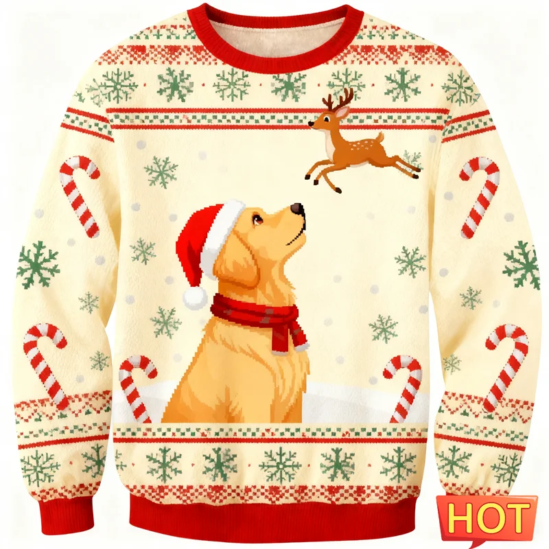 2026 جديد الذهبي المسترد الرسم القبيح عيد الميلاد سترة موضة لطيف الكلب ثلاثية الأبعاد مطبوعة عيد الميلاد بلوزات فضفاضة الشارع الشهير البلوفرات #1