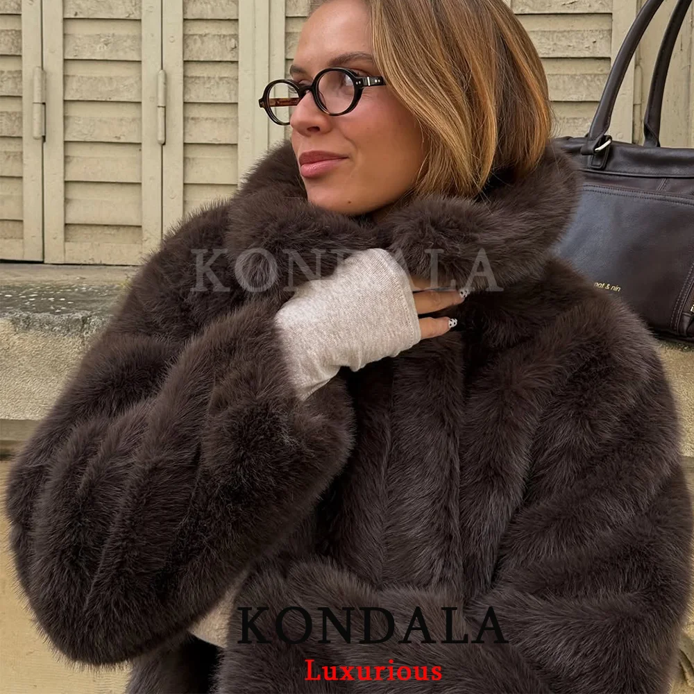 KONDALA Chic Gray Faux Fur Coats Zipper Long Sleeve Thick Warm Jackets Fashion 2025 Autumn Winter Thick Warm Outwears