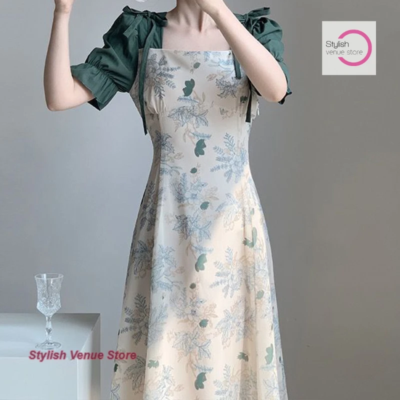 

Retro leisure new Chinese long-sleeved two-piece floral dress female summer fashion temperament square collar waist slim dress